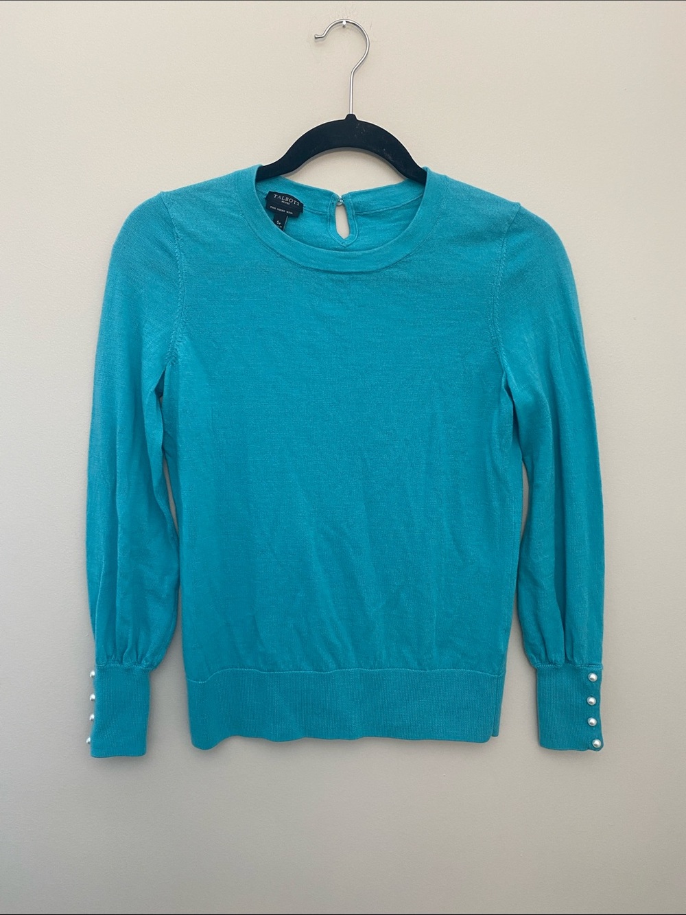 Talbots 100% Merino Wool Turquoise/Teal Pearl-Cuff Lightweight Sweater